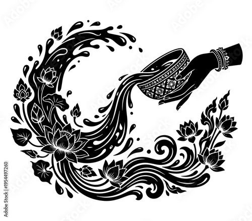 Graceful illustration of a hand pouring water over lotus flowers and dynamic splashes, embodying traditional blessings and the spirit of a vibrant cultural water festival