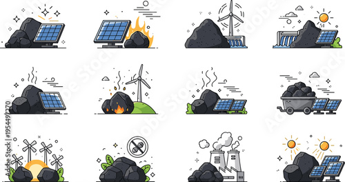 Coal and Energy Icon Collection with Solar Panels, Wind Turbines, Power Plants, and Fossil Fuel Concepts Cartoon Vector Set for Renewable and Industrial Designs