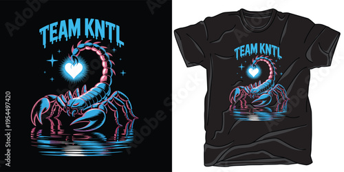 Scorpion t shirt design with team kntl text and heart symbol
