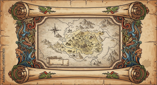 Vintage parchment map with decorative border and compass medieval fantasy illustration