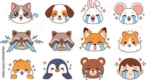 Cute Animal Crying Faces Set with Kawaii Pets and Characters Showing Sad Tears, Emotional Expressions Cartoon Vector Illustration Collection for Stickers and Kids Designs
