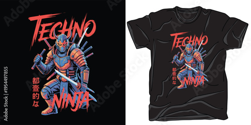 Techno ninja futuristic samurai warrior with swords cyber vector t-shirt design