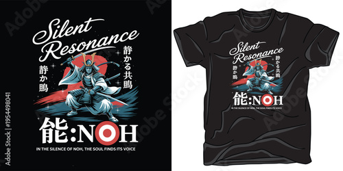 Two noh samurai warriors in traditional poses with katanas on dark background