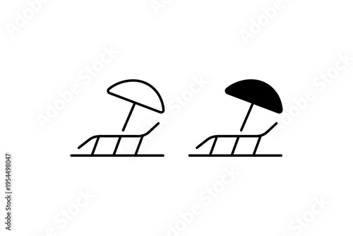 Minimal beach lounger umbrella icons outline solid set