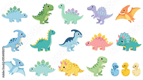 Cute dinosaur character and baby hatchling set | Large collection of prehistoric creatures in a colorful flat cartoon illustration style