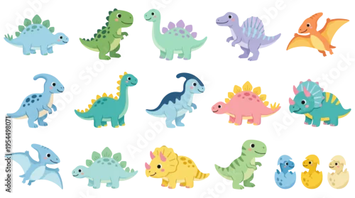 Obraz Cute dinosaur character and baby hatchling set | Large collection of prehistoric creatures in a colorful flat cartoon illustration style