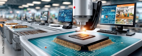 Industrial chip fabrication: precision integrated circuit manufacturing on a production line with advanced robotics