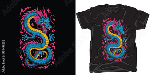 Asian dragon vector illustration for t-shirt design, modern illustration with mythical creature