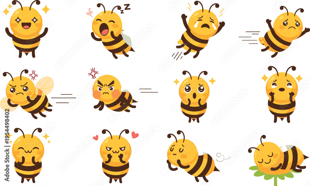 Naklejka premium Cute Bee Emotions and Expressions Set with Kawaii Honeybee Characters Showing Happy, Angry, Sleepy, Love and Funny Feelings Cartoon Vector Illustration Collection