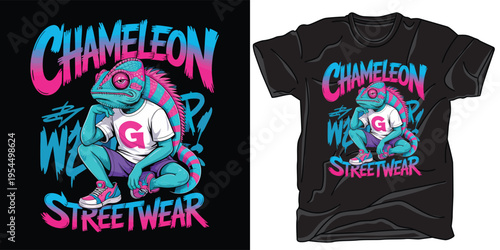 Chameleon streetwear t-shirt design with a cool chameleon wearing clothes vector