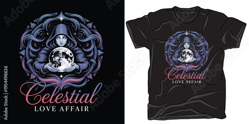 Celestial love affair t-shirt design with mystical woman holding moon vector