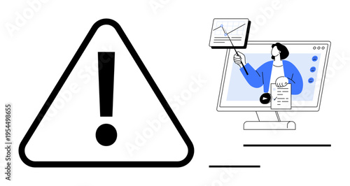 Warning sign. Warning concepts addressed alongside a virtual business presentation on a screen, focusing on data analysis and communication. Warning for online data, education, technology, strategies