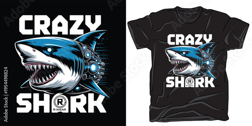 Cybernetic shark roaring with mechanical parts in bold graphic style
