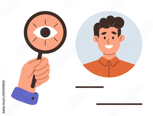 Identity verification, security, recruitment, online profiles, recognition, authentication. Hand holding magnifying glass with eye symbol next to person s profile photo. Identity verification