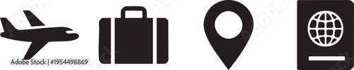 Set of travel and tourism icons including airplane, suitcase, location pin and passport