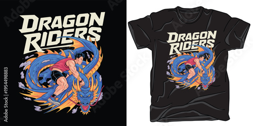 Dragon riders t shirt design with man riding dragon