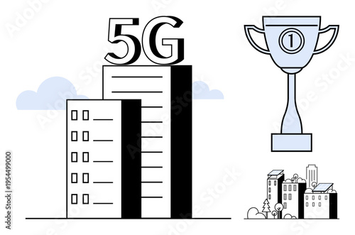 5G technology concept. 5G ed by tall buildings highlighting connectivity and innovation. 5G driving advancements in urban development, faster communication, and smart cities. For tech, urban