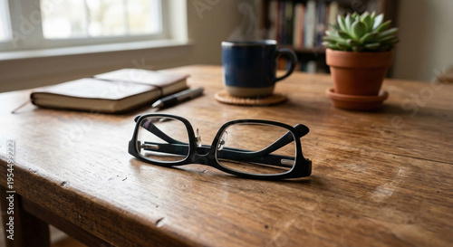 Close-up of stylish black-framed eyeglasses on a rustic wooden desk with a coffee mug, succulent, and journal in a home office setting