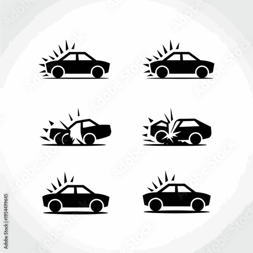 A collection of black icons representing different stages of car impact and vehicle collision events isolated on white background, Vector, illustration