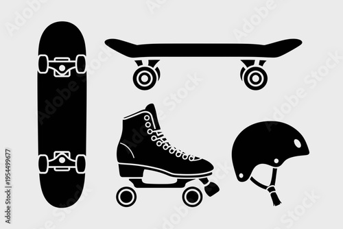 A collection of black silhouette icons featuring skateboards, a roller skate and a safety helmet isolated on white background, Vector, illustration
