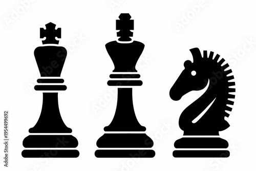 Black silhouette icons representing the chess pieces of a queen a king and a horse knight piece isolated on white background, Vector, illustration