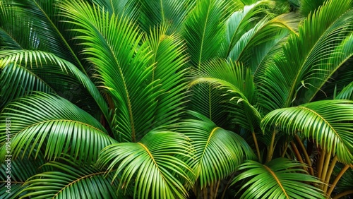 Dense cluster of coconut palm leaves in full foliage with brown stems and wiry texture, tropical plants, botanical illustration