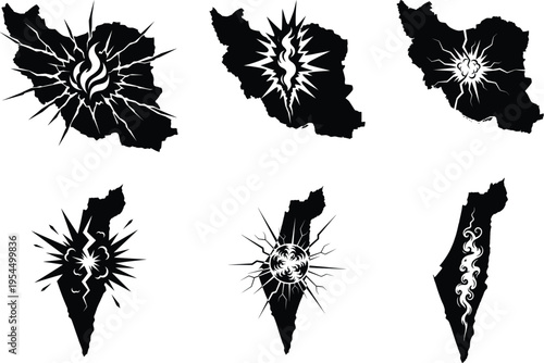 Iran and Israel map silhouettes with explosion and smoke icons set, middle east conflict and war concept. Military strikes, and the geopolitical tensions within the Middle East.