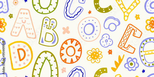 Colorful hand drawn letters and floral shapes create a playful pattern