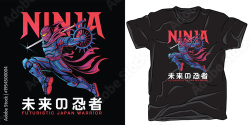 Techno ninja warrior cyborg samurai in futuristic armor suit with red typography