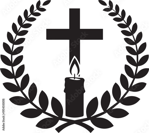 Christian cross with burning candle and laurel wreath vector silhouette illustration line art