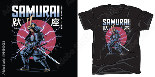 Samurai warrior with katana sword and lightning bolts on red sun circle backdrop