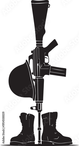 Fallen soldier battle cross vector silhouette illustration, line art, military memorial