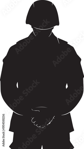 Soldier silhouette wearing helmet hands clasped isolated transparent background vector