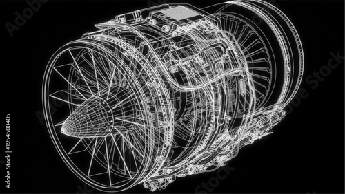 Jet engine black tech style, glowing turbine engineering