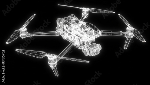 Drone black tech style, glowing quadcopter engineering