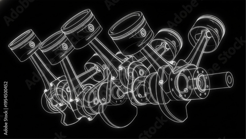 Crankshaft piston assembly black tech, glowing engine diagram