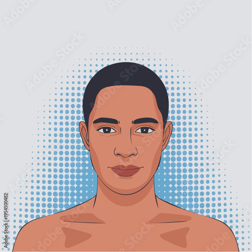 Illustration of a shirtless man with short black hair and a neutral ex