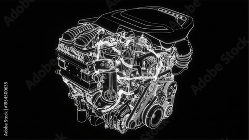 Car engine black tech style, glowing automotive CAD diagram
