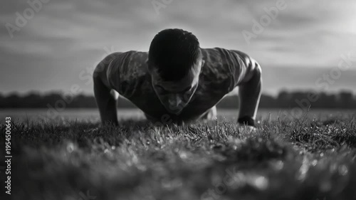 Man Doing Push Ups in Black and White Strength Training Fitness and Determination Concept