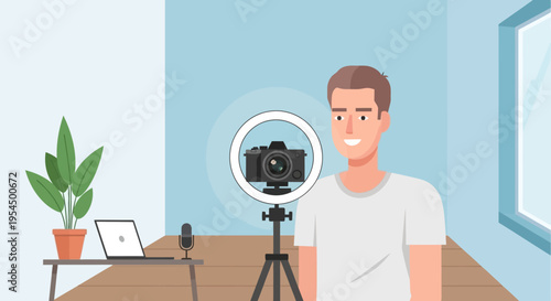 Young man recording video, vlogging setup, camera on tripod, indoor studio