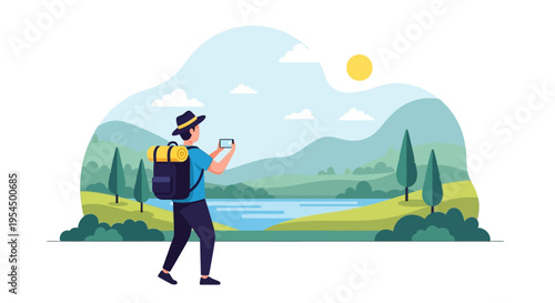 Hiker, backpacker, outdoor enthusiast, landscape, nature, scenery, vector illustration