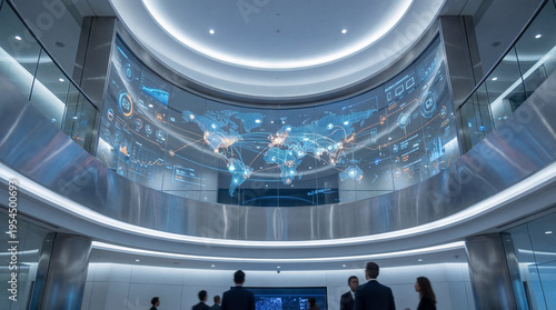 Curved wall of screens displaying various media content modern cyber bombardment panel concept. Modern business environment with digital screens and professionals.