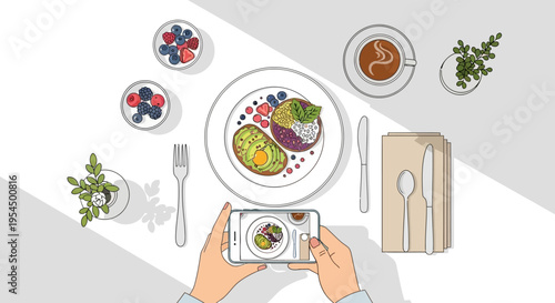 Food, photography, social media, flat design, illustration, restaurant, meal, plate, smartphone