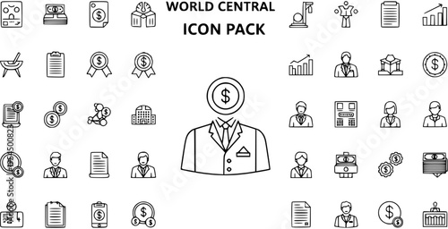 World Central Business  Finance Line Icons Pack. Money, Banking, Investment, People, Growth, Document Vector Collection for Web  App UI