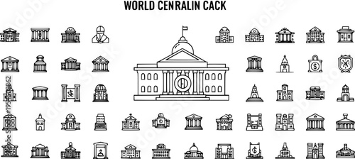 Collection of government and financial building icons in outline style for global finance