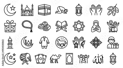 Set of Islamic Ramadan and Eid Mubarak Line Icons