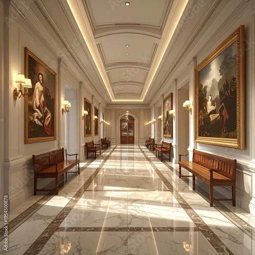 Grand hall with paintings, benches, and marble floor, sunlight, symmetry