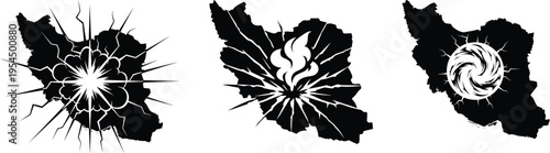 Iran map silhouette set with explosion blast fire and spiral icons, Geopolitical  war conflict concept. Political instability, and national crisis in the Middle East.