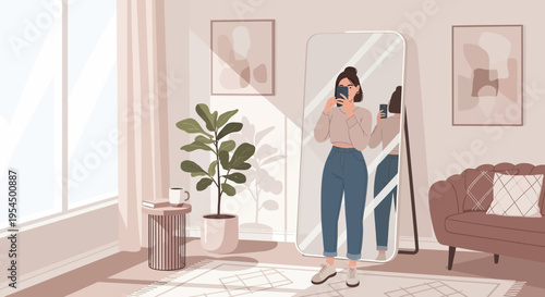 Vector illustration of woman taking selfies in modern living room interior
