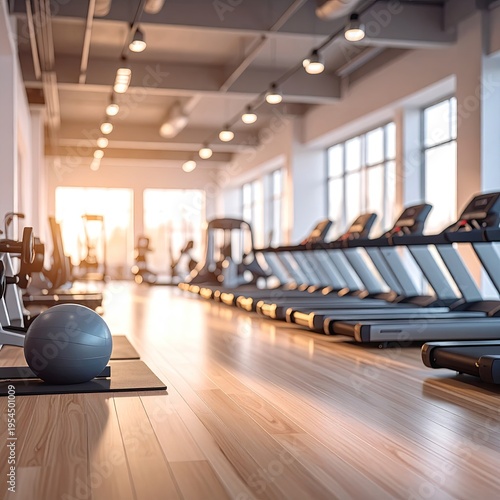 Bright, modern gym interior with treadmills, light, and exercise equipment